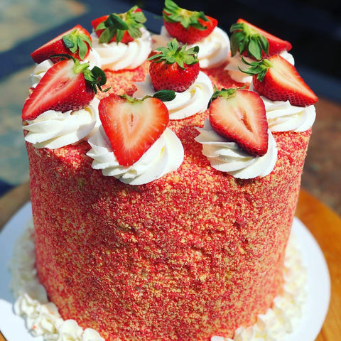 A Strawberry Shortcake Crumble Cake from Washington, DC based bakery Tissy Sweet Bakery & Cafe, and it includes two layers of strawberry cake, vanilla buttercream, strawberry shortcake crumble, and (of course) fresh strawberries.